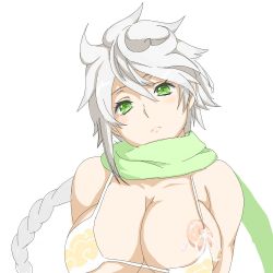 Rule 34 | 10s, 1girl, adapted costume, alternate eye color, bad id, bad pixiv id, braid, breast slip, breasts, cloud print, curvy, green eyes, hashimoto (frog flag), kantai collection, lactation, large breasts, long hair, looking at viewer, md5 mismatch, nipples, scarf, silver hair, simple background, single braid, solo, unryuu (kancolle), very long hair, wavy hair, white background