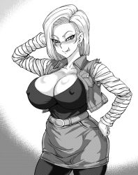 Rule 34 | 1girl, android 18, breasts, dragon ball, huge breasts, monochrome, numahana
