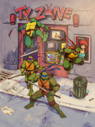 Rule 34 | 1990s (style), 4boys, absurdres, bald, barefoot, belt, black belt, brothers, brown belt, cameo, colored skin, commentary, crt, david liu, domino mask, donatello (tmnt), dual wielding, elbow pads, english commentary, fewer digits, full body, furry, furry male, green skin, highres, holding, holding nunchaku, holding staff, holding sword, holding weapon, jumping, katana, knee pads, leonardo (tmnt), male focus, maria (space maria), martial arts belt, mask, michelangelo (tmnt), multiple boys, muscular, muscular male, nunchaku, poster (object), quadruplets, raphael (tmnt), retro artstyle, sai (weapon), siblings, space maria, staff, sword, teenage mutant ninja turtles, television, toes, turtle, weapon, wooden staff