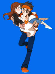 Rule 34 | 1boy, 1girl, aged up, bad id, bad pixiv id, bio-cat, blue background, blush, brown eyes, brown hair, carrying, couple, endou mamoru, eye contact, hand on another&#039;s face, happy, hetero, husband and wife, imminent kiss, inazuma eleven, inazuma eleven (series), inazuma eleven go, long hair, looking at another, neko (bio-cat), princess carry, raimon natsumi, running, short hair, simple background, smile