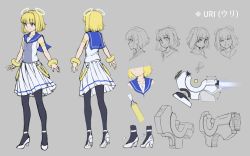 Rule 34 | 1girl, bad id, bad pixiv id, bangle, black pantyhose, blonde hair, bracelet, character sheet, concept art, expressions, fearless night, flat chest, gun, halo, high heels, highres, jewelry, multiple views, pantyhose, pas (paxiti), purple eyes, sailor collar, shoes, short hair, simple background, skirt, sleeveless, smile, turnaround, uri (fearless night), weapon