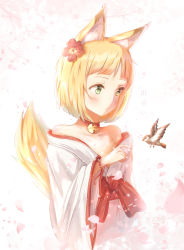 Rule 34 | 1girl, absurdres, animal ears, bell, bird, blonde hair, collar, collarbone, flower, fox ears, fox tail, green eyes, hair flower, hair ornament, highres, japanese clothes, jerry3912, kimono, md5 mismatch, off shoulder, original, red flower, resolution mismatch, short hair, solo, source smaller, tail, upper body, white background, white kimono