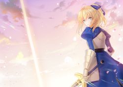 Rule 34 | 1girl, alternate hairstyle, armor, artoria pendragon (all), artoria pendragon (fate), blonde hair, cherinova, excalibur (fate/stay night), fate/stay night, fate (series), gauntlets, green eyes, hair ribbon, looking back, parted lips, petals, ponytail, puffy sleeves, ribbon, saber (fate), sky, solo, sword, weapon