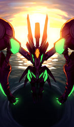Rule 34 | claws, floating, glowing, higa-tsubasa, highres, lens flare, mark nicht, mecha, no humans, robot, sketch, solo, soukyuu no fafner, spikes, sunlight, sunrise, water, wings
