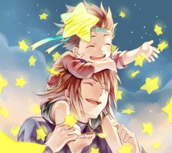 Rule 34 | 2boys, brown hair, carrying, closed eyes, father and son, happy, headband, itou (hgrk310), jewelry, kratos aurion, lloyd irving, male focus, multiple boys, necklace, pendant, sitting on shoulder, smile, star (symbol), tales of (series), tales of symphonia, aged down
