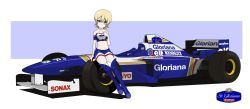 Rule 34 | 1girl, absurdres, alternate costume, armband, bare shoulders, blonde hair, blouse, blue eyes, blue footwear, blue shirt, blue skirt, boots, braid, car, closed mouth, commentary, darjeeling (girls und panzer), emblem, english text, formula one, formula racer, frilled armband, frilled skirt, frills, girls und panzer, highres, kano (nakanotakahiro1029), logo, miniskirt, motor vehicle, navel, on vehicle, race queen, race vehicle, racecar, renault, shadow, shirt, sitting, skirt, smile, solo, st. gloriana&#039;s (emblem), strapless, thigh boots, thighhighs, tube top, twin braids, vehicle focus, williams fw18