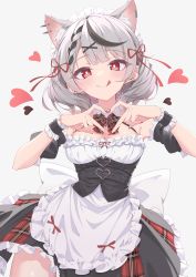 Rule 34 | 1girl, :q, absurdres, animal ear fluff, animal ears, apron, black hair, bow, bowtie, breasts, cat ears, corset, detached collar, detached sleeves, ear piercing, extra ears, frilled apron, frills, grey hair, hair ornament, hair ribbon, heart, heart hands, highres, hololive, looking at viewer, maid headdress, medium breasts, multicolored hair, piercing, plaid, plaid skirt, quarterlift, red bow, red bowtie, red eyes, red ribbon, red skirt, revision, ribbon, sakamata chloe, short sleeves, simple background, skirt, solo, streaked hair, tongue, tongue out, virtual youtuber, white apron, white background, wrist cuffs, x hair ornament