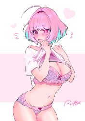 Rule 34 | 1girl, absurdres, ahoge, amiri ari, blue hair, blush, bra, breasts, clothes lift, commentary request, heart, highres, idolmaster, idolmaster cinderella girls, lifted by self, looking to the side, medium breasts, navel, no pants, open mouth, panties, pink bra, pink eyes, pink hair, pink panties, shirt, shirt lift, short hair, signature, solo, tears, underwear, white shirt, yumemi riamu