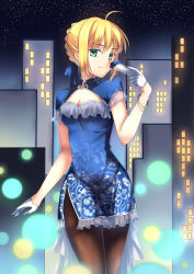 Rule 34 | 1girl, absurdres, ahoge, alternate costume, artoria pendragon (all), artoria pendragon (fate), blonde hair, braid, brown pantyhose, cleavage cutout, clothing cutout, fate/stay night, fate (series), gloves, gogatsu fukuin, green eyes, hair ribbon, half gloves, hand fan, highres, looking at viewer, pantyhose, ribbon, saber (fate), smile, solo, white gloves