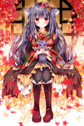 Rule 34 | 1girl, amelie-san (nogi takayoshi), animal, animal ears, autumn leaves, black hair, black pantyhose, blush, boots, bow, cat, cat ears, cat girl, cat tail, cross-laced footwear, frilled bow, frills, hair bow, holding, holding animal, holding cat, invisible chair, japanese clothes, jitome, kimono, lace-up boots, leaf, legs together, long hair, looking at viewer, maple leaf, nogi takayoshi, original, own hands together, pantyhose, red bow, red eyes, red kimono, shawl, sitting, smile, solo, tail
