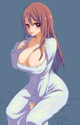 Rule 34 | 10s, 1girl, bad id, bad pixiv id, blush, breasts, cleavage, huge breasts, kawagoe pochi, large breasts, long hair, looking at viewer, maou (maoyuu), maoyuu maou yuusha, naughty face, red eyes, red hair, sitting, solo