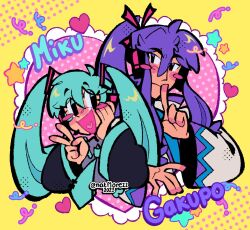 Rule 34 | 1boy, 1girl, ahoge, aqua eyes, aqua hair, aqua necktie, aqua trim, black sleeves, blush stickers, character name, coat, collared coat, collared shirt, commentary, dated, english commentary, finger to mouth, grey shirt, hair ribbon, hand on own cheek, hand on own face, hatsune miku, headset, heart, heart in mouth, japanese clothes, kamui gakupo, long hair, low-tied sidelocks, natflorezz, necktie, open mouth, polka dot, ponytail, purple eyes, purple hair, purple trim, ribbon, shirt, smile, twintails, twitter username, v, vocaloid, white coat, wide sleeves, yellow background
