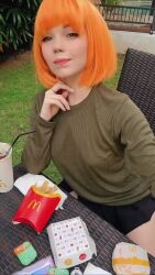 Rule 34 | 1girl, animated, audible music, burger, clothes lift, cosplay, cup, disposable cup, drink, food, french fries, highres, mcdonald&#039;s, miniskirt, mother (yoru mac), music, orange hair, outdoors, panties, photo (medium), product girl, real life, short hair, skirt, skirt lift, sound, tagme, underwear, video
