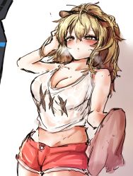 Rule 34 | 2poet, animal ears, arknights, blonde hair, breasts, breath, doctor (arknights), highres, large breasts, lion ears, lion girl, looking at another, red shorts, shorts, siege (arknights), tank top, towel, white background, white tank top, yellow eyes