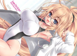 Rule 34 | 1girl, :d, arms behind head, artist name, breasts, character name, commentary request, competition swimsuit, cowboy shot, dated, fate/grand order, fate (series), glasses, highleg, highleg swimsuit, inoue tomii, jacket, jeanne d&#039;arc (fate), jeanne d&#039;arc (ruler) (fate), jeanne d&#039;arc (swimsuit archer) (fate), large breasts, long hair, looking at viewer, one-piece swimsuit, open mouth, ponytail, sideways, sitting, smile, solo, swimsuit, twitter username, whistle, whistle around neck, white jacket, white one-piece swimsuit