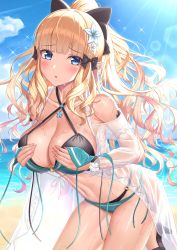 Rule 34 | 1girl, absurdres, aqua bikini, bare shoulders, beach, bikini, black bikini, black bow, blonde hair, blue eyes, blue sky, blush, bow, breasts, cleavage, collarbone, criss-cross halter, elf, flower, hair bow, hair flower, hair ornament, halterneck, hands on own chest, highres, large breasts, layered bikini, long hair, long sleeves, looking at viewer, navel, nemunemu semi, o-ring, ocean, open clothes, open mouth, open shirt, pointy ears, ponytail, princess connect!, saren (princess connect!), saren (summer) (princess connect!), see-through, shore, sidelocks, sky, solo, sparkle, sunlight, swimsuit, thighs, wet