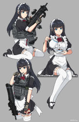 Rule 34 | 1girl, absurdres, apple, apron, assault rifle, black dress, black footwear, black hair, blue eyes, bow, brown gloves, bullpup, closed mouth, cropped legs, cup, dress, fn f2000, food, frilled apron, frilled dress, frills, fruit, garter straps, glock, gloves, grey background, gun, handgun, highres, holding, holding food, holding fruit, holding knife, holding saucer, holding teapot, knife, licking, maid, maid headdress, modular weapon system, multiple views, ndtwofives, original, pistol, pouring, puffy short sleeves, puffy sleeves, red apple, red bow, rifle, saucer, shoes, short sleeves, simple background, sitting, smile, tactical maid, teacup, teapot, thighhighs, twitter username, unconventional maid, wariza, weapon, white apron, white thighhighs