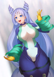 Rule 34 | 1girl, blue bodysuit, blue eyes, blue hair, bodysuit, boku no hero academia, breasts, collarbone, covered navel, curvy, gloves, hadou nejire, haryudanto, large breasts, long hair, looking at viewer, open mouth, skin tight, smile, solo, thick thighs, thigh strap, thighs, very long hair, wide hips, yellow gloves