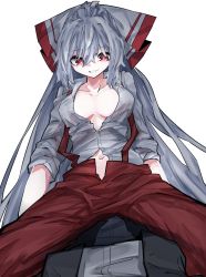 Rule 34 | 1girl, bow, breasts, fujiwara no mokou, hair between eyes, hair bow, highres, long hair, looking down, medium breasts, navel, no bra, open clothes, open fly, pants, partially unbuttoned, red eyes, red pants, shirt, solo, spread legs, suspenders, touhou, very long hair, vivo (vivo sun 0222), white background, white hair, white shirt
