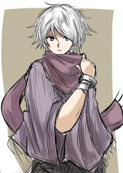 Rule 34 | 1boy, bad id, bad twitter id, cape, gloves, hair over one eye, jewelry, long hair, looking at viewer, male focus, octopath traveler, octopath traveler i, open mouth, scarf, short hair, simple background, smile, solo, therion (octopath traveler), yukara-msma
