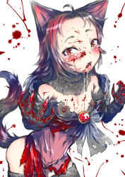 Rule 34 | 1girl, ahoge, animal ears, bad id, bad pixiv id, blood, blood in mouth, blood on face, blood splatter, blush, breasts, brooch, brown hair, fang, fingernails, fur, imaizumi kagerou, jewelry, long fingernails, long hair, mutsutsu, navel, nipples, open mouth, red eyes, simple background, small breasts, solo, tail, tears, touhou, werewolf, white background, wolf ears, wolf tail