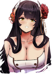 Rule 34 | 1girl, absurdres, azur lane, bare shoulders, black hair, blush, breasts, cleavage, flower, hair flower, hair ornament, hey taisyou, hiei (azur lane), highres, horns, large breasts, long hair, looking at viewer, red flower, shirt, smile, solo, upper body, white background, white shirt, yellow eyes