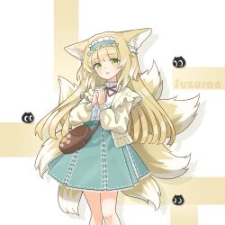 Rule 34 | 1girl, :d, absurdres, animal ears, arknights, bag, blonde hair, blue skirt, brown bag, cardigan, character name, feet out of frame, fox ears, fox girl, fox tail, frilled hairband, frills, green eyes, hairband, heixiu, highres, jiuyu qame, long hair, long sleeves, luo xiaohei zhanji, multicolored hair, neck ribbon, official alternate costume, open cardigan, open clothes, open mouth, own hands together, red ribbon, ribbon, shirt, shirt tucked in, shoulder bag, simple background, skirt, smile, solo, streaked hair, suzuran (arknights), suzuran (spring praise) (arknights), tail, white hair, white shirt, yellow cardigan