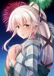 Rule 34 | 10s, 1girl, :d, bow, fireworks, green eyes, hair bow, hair ribbon, highres, japanese clothes, jewelry, kamelie, kantai collection, kimono, long hair, looking at viewer, open mouth, ponytail, ribbon, ring, silver hair, smile, solo, wedding band, yukata, yura (kancolle)