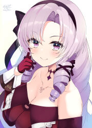 Rule 34 | 1girl, absurdres, bare shoulders, black hairband, breasts, cleavage, closed mouth, collarbone, commentary request, dress, drill hair, gloves, hairband, half gloves, hand up, highres, hyakumantenbara salome, hyakumantenbara salome (1st costume), index finger raised, large breasts, long hair, looking at viewer, nijisanji, ochinsama, off-shoulder dress, off shoulder, parted bangs, purple eyes, purple hair, red dress, red gloves, side drill, signature, simple background, smile, solo, twitter username, upper body, very long hair, virtual youtuber, white background