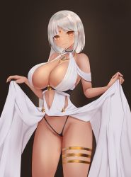 Rule 34 | azur lane, black background, body markings, bodypaint, breasts, choker, cleavage, cocktail dress, cowboy shot, dark-skinned female, dark skin, dress, facial mark, halter dress, halterneck, highres, jewelry, kdkaikai, large breasts, massachusetts (azur lane), massachusetts (dressed to impress) (azur lane), multicolored hair, nail polish, necklace, official alternate costume, solo, thighlet, thong, white nails