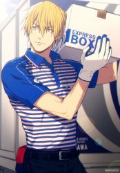 Rule 34 | 1boy, belt, black pants, blonde hair, blue shirt, box, carrying, closed mouth, collared shirt, commentary request, earrings, employee uniform, english text, gloves, hair between eyes, jewelry, kise ryouta, kuroko no basuke, lens flare, looking to the side, male focus, mashima shima, pants, shirt, shirt tucked in, short hair, short sleeves, smile, solo, standing, striped clothes, striped shirt, twitter username, two-tone shirt, uniform, white gloves, white shirt, yellow eyes