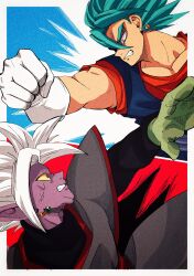 2boys absurdres anger_vein black_bodysuit blue_eyes blue_hair blue_sash bodysuit colored_sclera colored_skin dougi dragon_ball dragon_ball_super earrings fused_zamasu gloves green_skin hageta1456 highres jewelry long_sleeves melting multicolored_skin multiple_boys muscular muscular_male mutation orange_shirt pointy_ears potara_earrings purple_eyes purple_skin red_sash saiyan sash shirt short_sleeves spiked_hair super_saiyan super_saiyan_blue vegetto white_gloves white_hair yellow_sclera