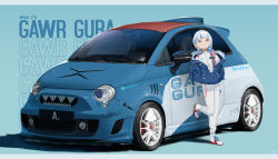 Rule 34 | 1girl, abarth, bloop (gawr gura), blue background, blue eyes, blue hair, blue jacket, bodysuit, car, character name, closed mouth, commentary, english commentary, ex-trident, fiat nuova 500, full body, gawr gura, hands in pockets, highres, hololive, hololive english, jacket, looking at viewer, motor vehicle, multicolored hair, simple background, smile, solo, standing, standing on one leg, two-tone hair, vehicle focus, virtual youtuber, white bodysuit, white hair