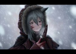 Rule 34 | 1girl, 3v ju, absurdres, animal ears, arknights, blood, blood on face, blood on hands, bloody knife, dated, fur-trimmed hood, fur trim, grey background, grey hair, hair between eyes, hand up, highres, holding, holding knife, hood, hood up, hooded jacket, jacket, knife, letterboxed, long hair, long sleeves, mask, mask around neck, outdoors, parted lips, portrait, projekt red (arknights), red jacket, signature, smile, snow, solo, wolf ears, wolf girl, yellow eyes