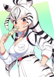Rule 34 | animal ears, animal print, black hair, blush, brown eyes, chapman&#039;s zebra (kemono friends), collared shirt, commentary request, eating, expressionless, food, hand in pocket, high-waist shorts, highres, kamuraaa 615, kemono friends, long hair, looking at viewer, multicolored hair, popsicle, shirt, short sleeves, shorts, solo, two-tone hair, white hair, white shirt, white shorts, zebra ears, zebra girl, zebra print