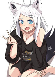 Rule 34 | 1girl, absurdres, ahoge, animal ear fluff, animal ears, barefoot, black shirt, blue eyes, breasts, cleavage, fangs, fox ears, fox girl, fox shadow puppet, fox tail, hair ornament, hairpin, highres, hololive, looking at viewer, medium breasts, official alternate costume, open mouth, sasamiya, shirakami fubuki, shirakami fubuki (loungewear), shirt, skin fangs, smile, solo, tail, virtual youtuber, white hair
