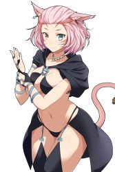 Rule 34 | 10s, 1girl, animal ears, bikini, black bikini, blue eyes, breasts, cat ears, cat tail, cleavage, curvy, earrings, final fantasy, final fantasy xiv, heterochromia, highres, jewelry, large breasts, looking at viewer, miqo&#039;te, navel, necklace, pink hair, pu-chin, short hair, smile, solo, swimsuit, tail, thigh gap, thighhighs, thighs, warrior of light (ff14), wide hips, yellow eyes