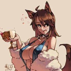 Rule 34 | 1girl, 2013, ahoge, alcohol, animal ears, bare shoulders, blush, borrowed character, breasts, brown eyes, brown hair, chalice, cleavage, coat, collar, covered erect nipples, cup, dated, dog ears, dog tail, dress, drunk, fang, fur coat, huge breasts, junkpuyo, large breasts, lass (ego trigger), off shoulder, original, slingshot swimsuit, solo, spiked collar, spikes, strap gap, swimsuit, tail, wine