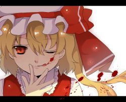 Rule 34 | 1girl, :p, :q, ;q, ascot, bad id, bad pixiv id, blonde hair, blood, blood on face, close-up, female focus, flandre scarlet, hat, letterboxed, nemotoayane, one eye closed, red eyes, short hair, solo, tongue, tongue out, touhou, wink