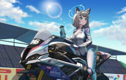 Rule 34 | 1girl, alternate costume, animal ear fluff, animal ears, biker clothes, bikesuit, blue archive, blue eyes, blue sky, blush, bodysuit, bottle, brand name imitation, breasts, cleavage, commentary, english commentary, extra ears, from side, gloves, grey hair, halo, highres, holding, holding bottle, kondjol san, large breasts, looking to the side, medium hair, motor vehicle, motorcycle, on motorcycle, pirelli, shiroko (blue archive), sky, solo, wolf ears