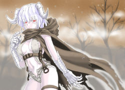 Rule 34 | 1girl, :&lt;, bare tree, blurry, breasts, breasts apart, claws, cloak, closed mouth, colored eyelashes, cowboy shot, depth of field, eyebrows, facial mark, fallout 2, goris, harahachibu ajinosuke, horns, looking at viewer, medium breasts, navel, outline, personification, red eyes, short shorts, shorts, solo, thigh strap, tree, unbuttoned, water drop, white hair