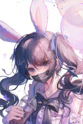Rule 34 | 1girl, absurdres, animal ears, bad id, bad twitter id, balloon, blouse, bow, bubble tea, cup, disposable cup, double take, drinking straw, hair ribbon, highres, looking at viewer, maccha (mochancc), mask, mouth mask, nijisanji, rabbit ears, ribbon, shirt, simple background, solo, tsukino mito, tsukino mito (14th costume), twintails, virtual youtuber, white background, white shirt