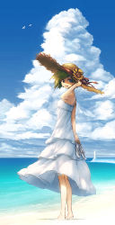 Rule 34 | 1girl, :d, arm up, beach, blue eyes, cloud, day, dress, garuku, green hair, hat, hat ribbon, highres, holding, lighthouse, looking at viewer, open mouth, original, outdoors, ribbon, short hair, sky, smile, solo, standing, straw hat, sundress
