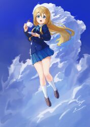 Rule 34 | 1girl, :d, blazer, blonde hair, blue eyes, blue jacket, blue ribbon, blue skirt, blue sky, brown footwear, cloud, collared shirt, commentary request, cup, day, full body, highres, holding, holding cup, holding plate, jacket, k-on!, kneehighs, kotobuki tsumugi, loafers, looking at viewer, mandei (nao 1234567), neck ribbon, open mouth, outdoors, plate, pleated skirt, ribbon, sakuragaoka high school uniform, school uniform, shirt, shoes, skirt, sky, smile, socks, solo, tea, teacup, white shirt, white socks, winter uniform