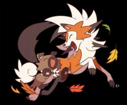 Rule 34 | black background, commentary, creatures (company), closed eyes, fangs, game freak, gen 7 pokemon, happy, leaf, lycanroc, lycanroc (dusk), nintendo, no humans, open mouth, pokemon, pokemon (creature), rockruff, simple background, ssalbulre, toes, tongue