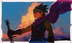 1boy black_eyes black_hair blue_tunic cape circlet dragon_quest dragon_quest_iii gloves hdw91v hero_(dq3) highres holding holding_sword holding_weapon purple_cape roto_(dq3) short_hair silver_circlet solo spiked_hair sword tunic weapon