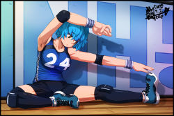 Rule 34 | 1girl, 2018, absurdres, arm up, armpits, bare shoulders, blouse, blue footwear, blue hair, blue shirt, blue shorts, breasts, closed mouth, collarbone, commentary, dated, elbow pads, eyebrows, full body, gigle, highres, indoors, knee pads, medium breasts, on floor, original, running track, shadow, shirt, shoes, short hair, shorts, signature, sitting, sneakers, solo, sportswear, stretching, sweatband, symbol-shaped pupils, tank top, track and field, track uniform, wooden floor