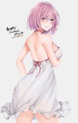 Rule 34 | 1girl, back, bare back, breast hold, dated, dress, english text, eyes visible through hair, fate/grand order, fate (series), hanada yanochi, looking at viewer, looking back, mash kyrielight, purple eyes, purple hair, short hair, smile, smirk, solo, strap gap, summer, sundress