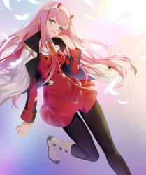 Rule 34 | 10s, 1girl, bad id, bad pixiv id, black pantyhose, boots, breasts, darling in the franxx, feathers, green eyes, hairband, hand on own cheek, hand on own face, highres, horns, jacket, jacket on shoulders, littleamber, long hair, looking at viewer, medium breasts, orange neckwear, pantyhose, parted lips, pink hair, smile, solo, uniform, white hairband, zero two (darling in the franxx)