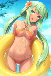 Rule 34 | 1girl, :d, arms behind back, bikini, breasts, cowboy shot, day, flower, green hair, haura (sasaame), hibiscus, highres, innertube, long hair, low twintails, medium breasts, navel, o-ring, o-ring top, open mouth, orange bikini, original, outdoors, sasaame, smile, solo, stomach, swim ring, swimsuit, twintails, very long hair, water